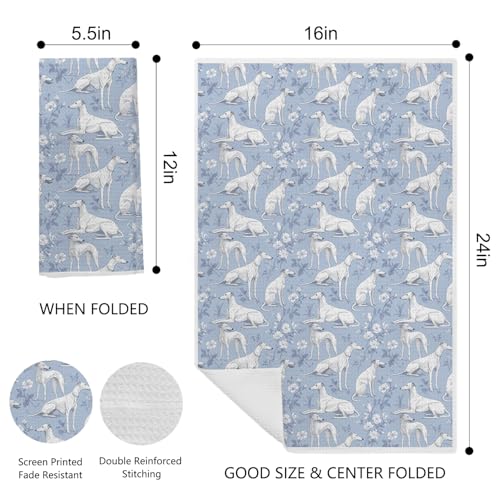 Image of Light Chinoiserie Greyhound Kitchen & Hand Towel, Whippet Dog Dish & Tea Towels,Blue Floral Dog Lover Gifts for Women, 16x24 Inch