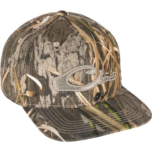 Drake Waterfowl Camo Flat Bill Cap - Hunting Low-Profile Six-Panel Design Cotton Logo Cap with Adjustable Snapback Closure, One Size Fits Most, Shadow Grass Habitat