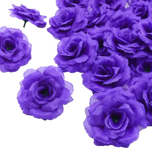 20 Pcs Deep Purple Rose Head Flowers Without Stem, Artificial Flowers Head for DIY Decoration, 3 Inch Silk Rose Fake Flower for Wedding Party Home Decor Baby Shower Centerpieces Table Decoration