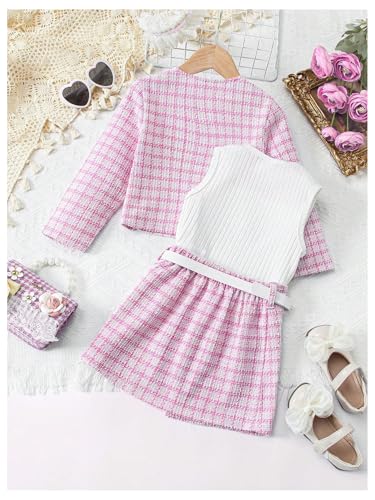 Image of Floerns Toddler Girl's 3 Piece Outfit Plaid Print Jacket with Belt Skirts Rib Knit Tank Top