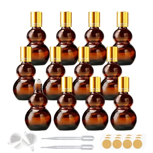 DZREVEOTA Essential Oil Roller Bottles, Amber Gourd Shaped Glass Roller Bottles with Stainless Steel Roller Ball, for Travel,Perfume (Amber-Gold Cap, 10ML)