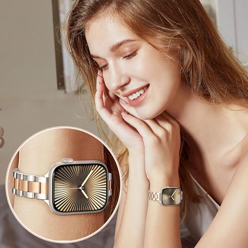 Image of Melyis Slim Metal Band Compatible with Apple Watch Bands for Women 44mm 45mm 46mm 42mm 49mm, Stainless Steel iWatch Bands for Apple Watch Band Series 11 10 9 SE 8 7 6 5 4 3 2 1 Ultra, Starlight /Rose Gold