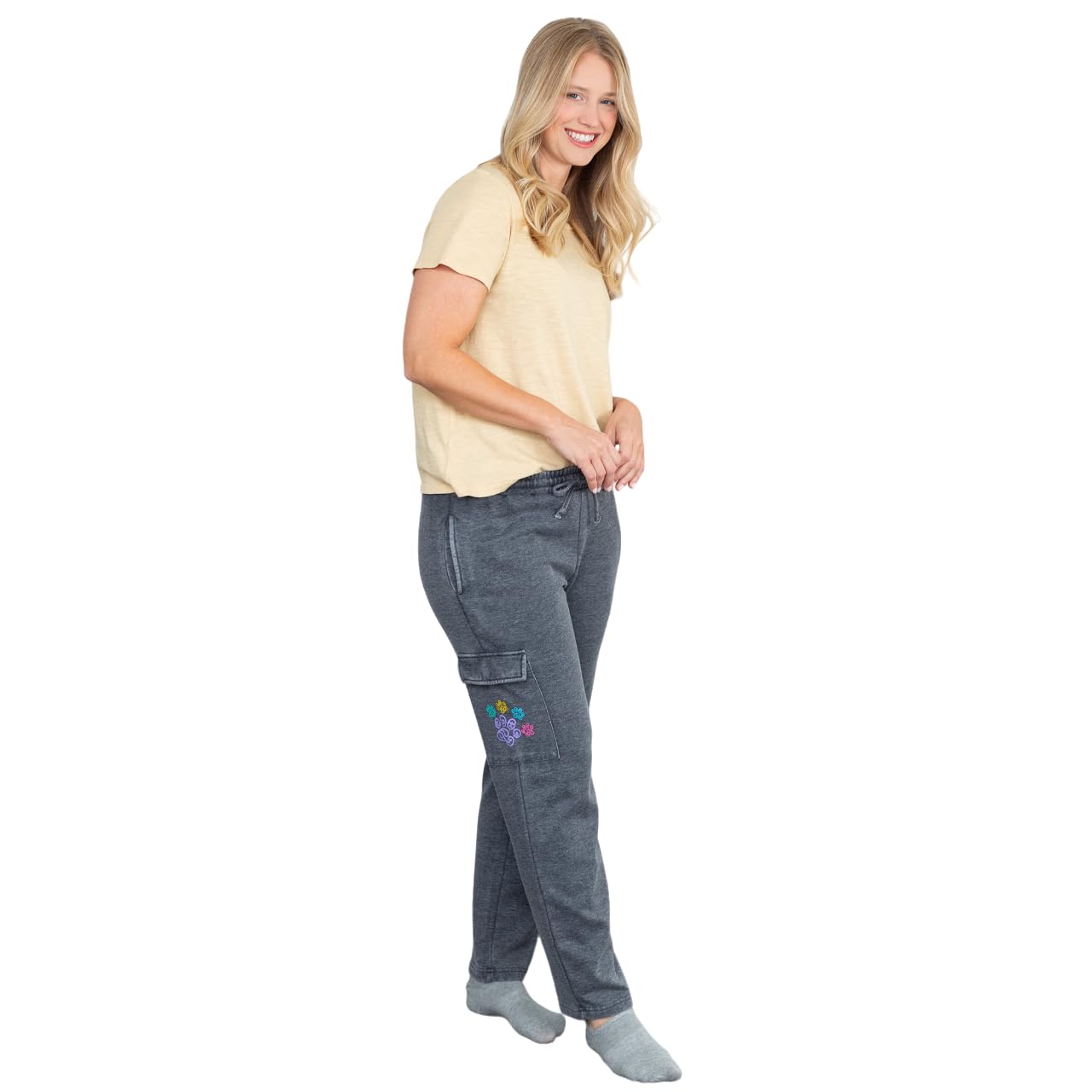 Womens Paw Print Burnout Cargo Pocket Pants Soft Cotton Blend Drawstring Sweatpants Lounge Casual Animal Lover Bottoms
