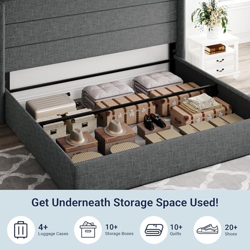 Image of Allewie King Size Lift Up Storage Bed, Modern Wingback Headboard, Hydraulic Support, No Box Spring Needed, Dark Grey