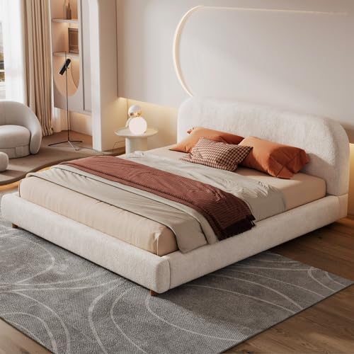 Klwenas Maec King Size Bed Frame, Upholstered Cloud Boucle Platform
