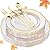 Liacere 150PCS Clear Gold Plastic Plates & Disposable Gold Plastic Silverware with Glitter Bamboo Handle Cutlery-Baroque Clear Gold Disposable Plates for Wedding & Party & Thanksgiving