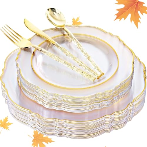 Liacere 150PCS Clear Gold Plastic Plates - Disposable Plastic Silverware with Glitter Bamboo Handle Cutlery-Baroque Clear Gold Disposable Plates for Wedding & Party & Thanksgiving &Fall Decor Liacere 150PCS Clear Gold Plastic Plates - Disposable Plastic Silverware with Glitter Bamboo Handle Cutlery-Baroque Clear Gold Disposable Plates for Wedding & Party & Thanksgiving &Fall Decor