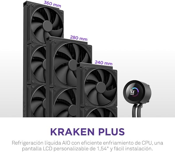 NZXT Kraken Plus 280 – Refrigeración líquida AIO para CPU – Radiador de 280 mm – 2 Ventiladores F140P – Pantalla LCD Cuadrada de 1,54" – AMD® AM5, AM4 – Intel® LGA 1851/1700, 1200/115X – Negro - 2