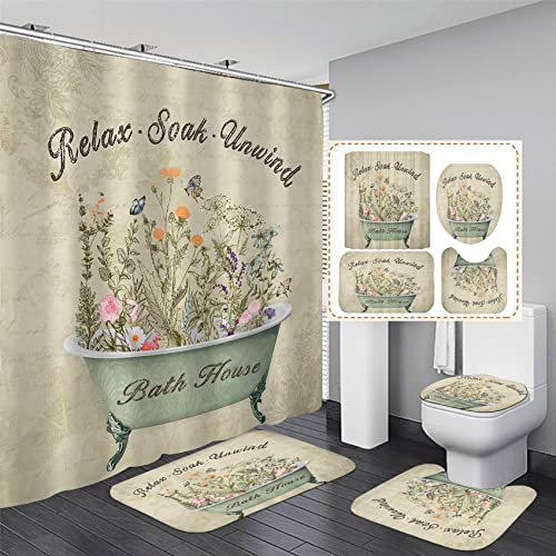 Nkzply 4 Pcs Green Floral Shower Curtain Set Vintage Flowers
