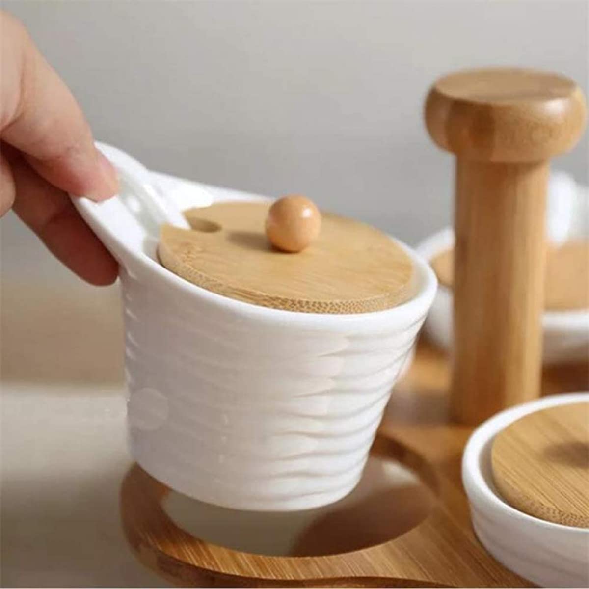 Juego de tarros de especias de cerámica, giratorios, porcelana, tarro de especias, tarro de especias con tapa de madera, cuchara