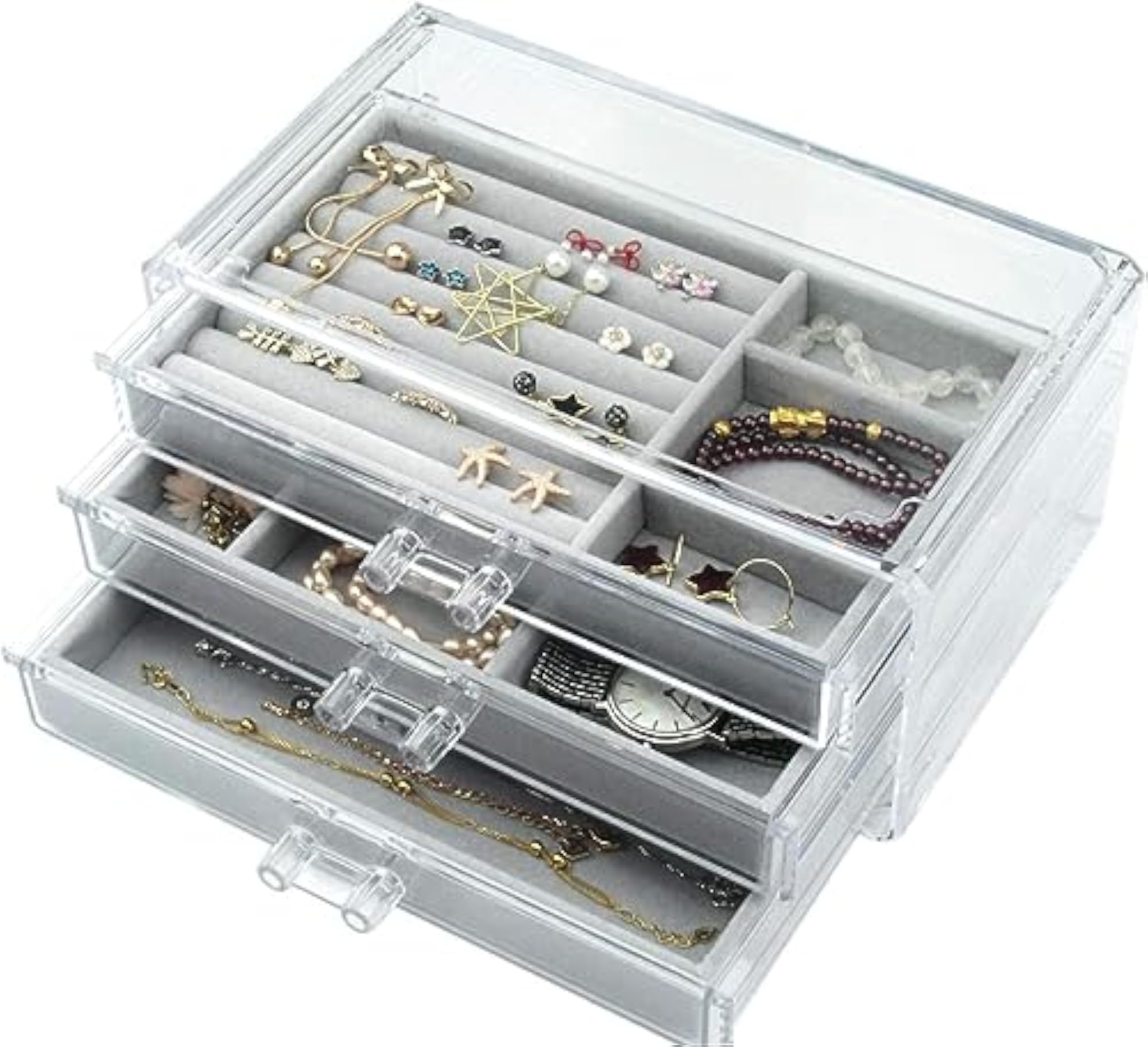 Acrylic Jewelry Box with 3 Drawers, Velvet Organizer