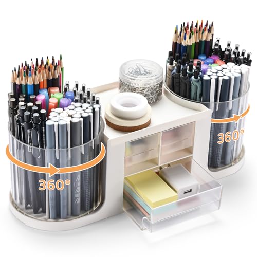 KLIONGO Rotating Desk Organizer with 2 Pen Holder, Desk Organizers and Accessories with 10 Slots Pencil Holder for Desk + 3 Drawer, Art Supply Storage Box Caddy for Office School Home (White)
