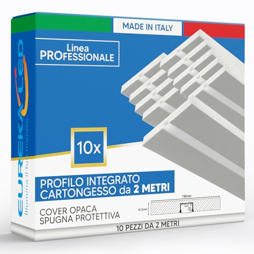 10pz Profilo in alluminio per strip led 2mt - Integrato nel cartongesso di spessore 12,5mm - Struttura pronta da incasso e montaggio - Taglio di luce con copertura opaca