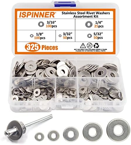 ISPINNER 325pcs Backup Rivet Washers Assortment Kit, Stainless Steel Washers for Blind Pop Rivets Diameter 3/32" 1/8" 5/32" 3/16" 1/4"(Silver)