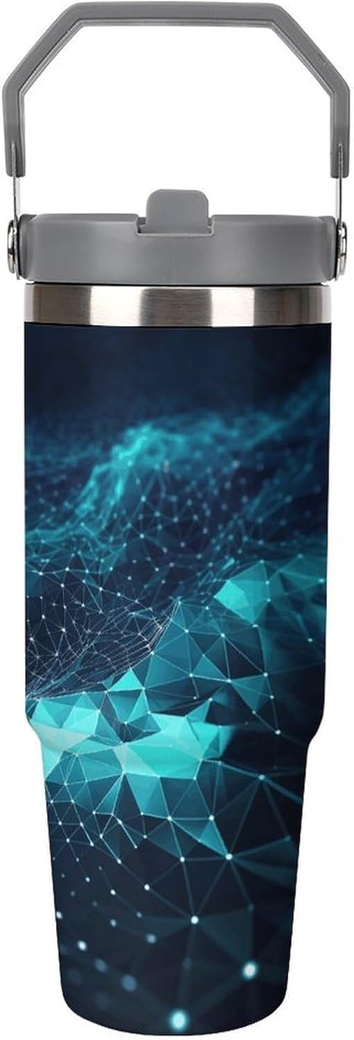 Abstract Polygonal Space Water Bottle 30 Oz Fits Car Cup Holder,Insulated Coffee Mug Large Capacity Car Cups,Stainless Steel Double Wall Sport Bottle for Travel Sports Gym