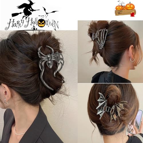 Parcce 3 PCS Halloween Hair Clips for Women, Gothic Bat Wing, Spider and Skeleton Hand Claw Clips, Gunmetal Goth Accessories, Strong Hold Halloween Hair Accessories, Spooky Skull Costume Party Gifts - image 3