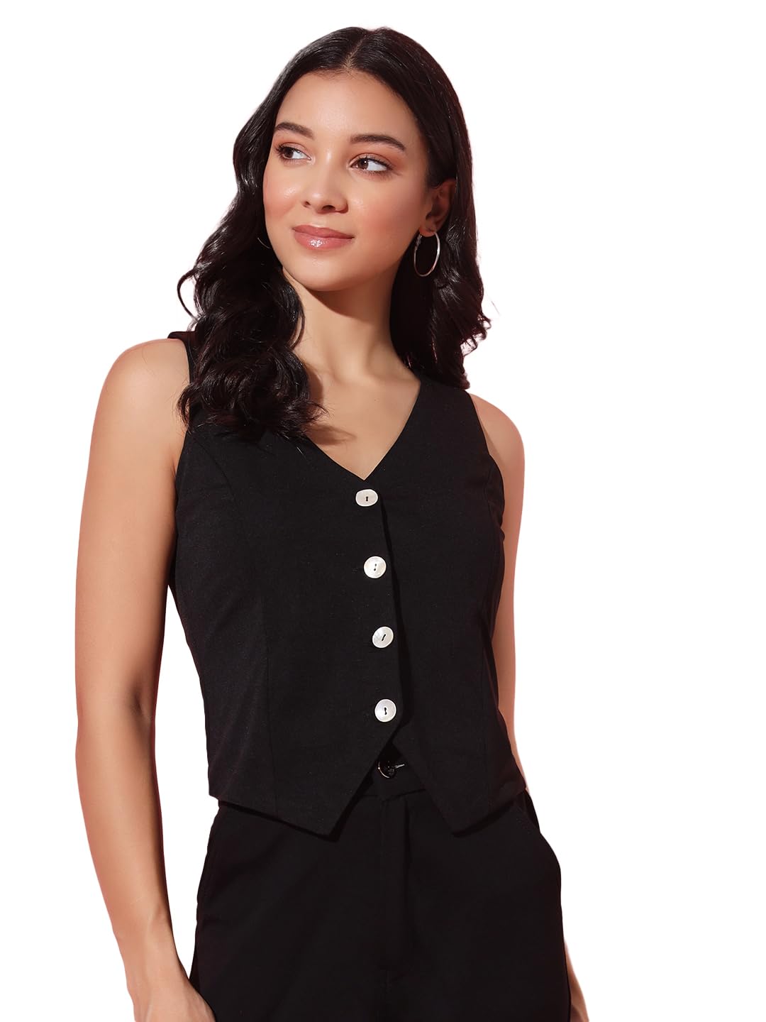 Women's V-Neck Waistcoat Top | Button-Down Sleeveless | Premium Stretchable Lycra Formal & Casual Layer