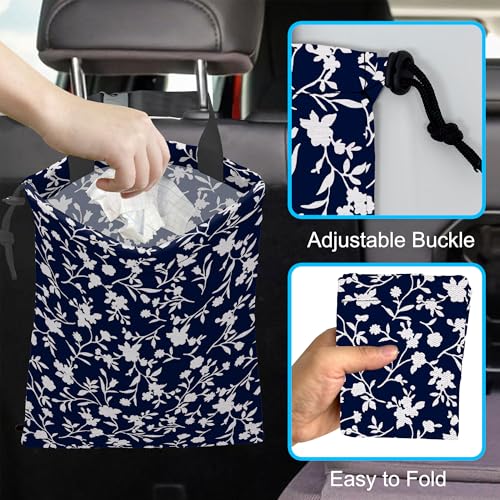 Image of Car Trash Bag Trendy Floral Car Garbage Bag Hanging Car Trash Can for Back Seat with Drawstring