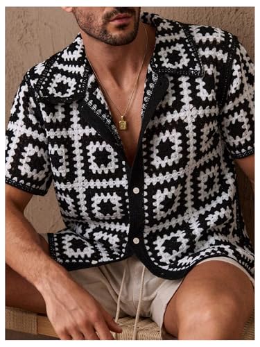 Men's Geometric Hawaiian Crochet Shirt Hollow Out Beach Shirts Button Down Short Sleeve Collared Knit Tops4