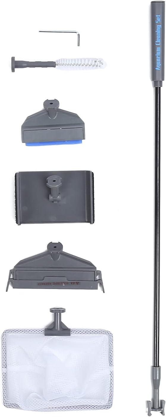 Gavigain 5 in 1 Aquarium Cleaning Kit, Telescopic Rod, Scraper, Cotton and Silicone Brushes, Easy Maintenance, for Fish Container Owners (415 Fixed Version-Five in one Brush)