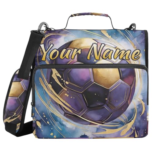 Image of Custom 3 Ring Zipper Binder Soccer Ball Purple Galaxy Personalized Name 1.5 Inch Binders Large Capacity Multi Pockets for School Office Supplies