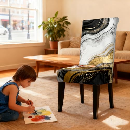 Image of Nuxovilar 6PCS Black White Gold Wave Ink Texture Stretch Covers | Stretch Slipcover Modern Protector Wave Ink Wrap Seat Guard Dining Room Living Luxury Space (Gold Wave Ink)