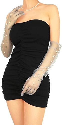 YCShun Women's Pearls Tulle Long Wedding Bridal Gloves 24" Opera Evening Gloves Costume Elbow Length Sheer Gloves