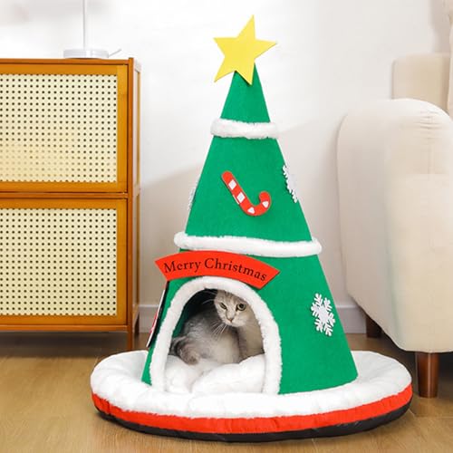 Katzenbett, mit Deckel, Weihnachtsbaum, warm, mit abnehmbarem Kissen | Katzenhaus für den Innenbereich, Höhle, für Welpen, Innenbereich, Dekoration, Haus, Schlafzimmer, Wohnzimmer, Balkon, W-9
