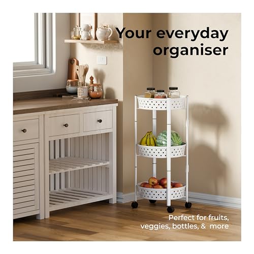 Image of Lifelong Kitchen Storage Rack|3-Layer Baskets|Foldable & Rolling Storage Cart|Trolley with Wheels|Vegetable Stand|Onion, Potato & Fruits Rack for Kitchen Organizer (LLKAFB03, White)
