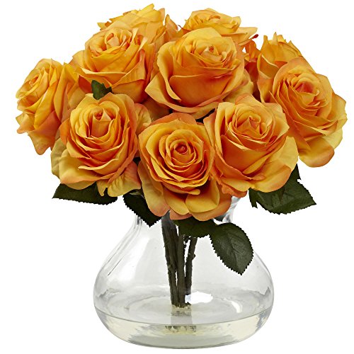 Nearly Natural 1367-OY Rose Arrangement with Vase, Yellow/Orange