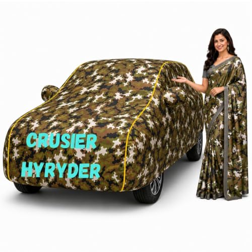 Image of Waterproof Car Body Cover for Crusier Hyryder All Weather Protection Comes with Inner Cotton Lining & Triple Stitched with Mirror & Antenna Pocket Belt & Elastic Fit Army with Yellow Piping