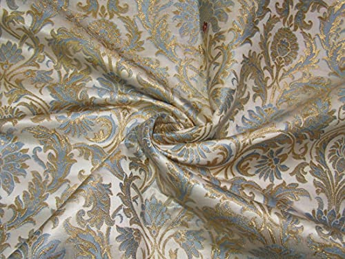 Brocart de soie lourde King KHAB tissu bleu ivoire or BRO750 yard