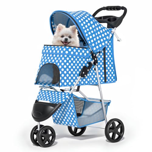 Image of MoNiBloom 3 Wheels Pet Dog Cat Stroller for Small Medium Dogs Cats, Foldable Jogger Stroller w /Storage Basket and Cup Holder, Sky Blue Polka Dots