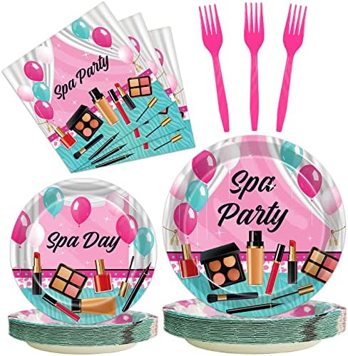Kepeel 96 Pcs Spa Party Plates and Napkins Set, Spa Day Makeup Party Supplies Decorations for Girls Kids Princess Sweet Pink Make up Theme Birthday Party Tableware Kit, Serves 24