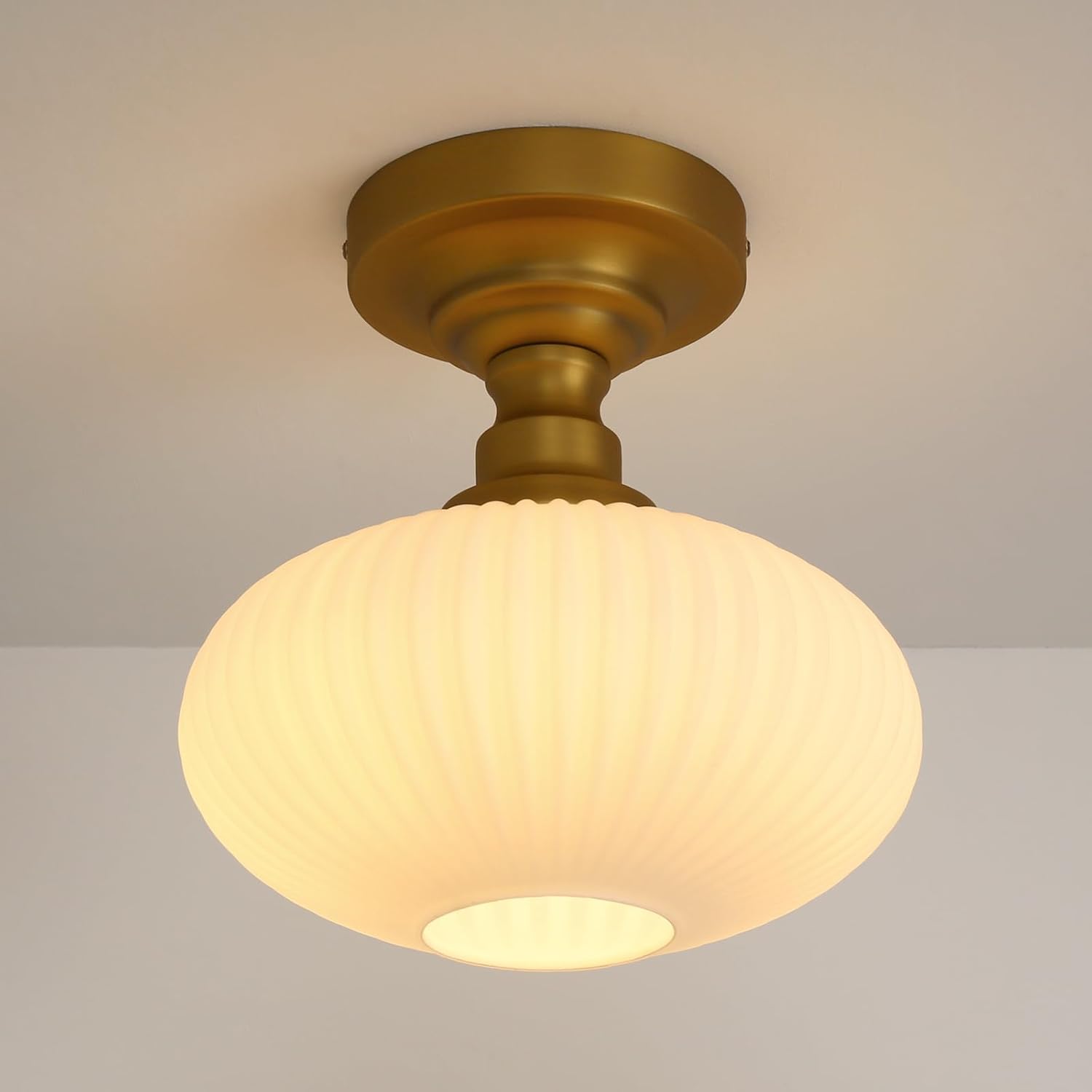 Pathson Milky Flush Mounted Ceiling Light with Striped Globe Lantern Shade, Vintage Glass Ceiling Lamp Fixture Over Kitchen Sink, Living Room, Stairwell, Hallway, Laundry Room Light
