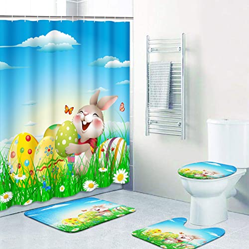 Subwest 4 Pcs Shower Curtain Set Happy Easter Rabbit Bunny Pet Chocolate Cute With Non-Slip Rugs Toilet Lid Cover And Bath Mat Bathroom Decor Set 72 X 72 Inch #TOP2