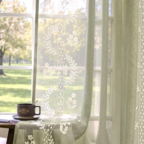 Image of jinchan Floral Sheer Curtains, Back Tab 50x63 Inch, 2 Panels Green