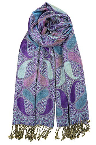 Achillea Soft Silky Reversible Paisley Pashmina Shawl Wrap Scarf (Multi Deep Purple)