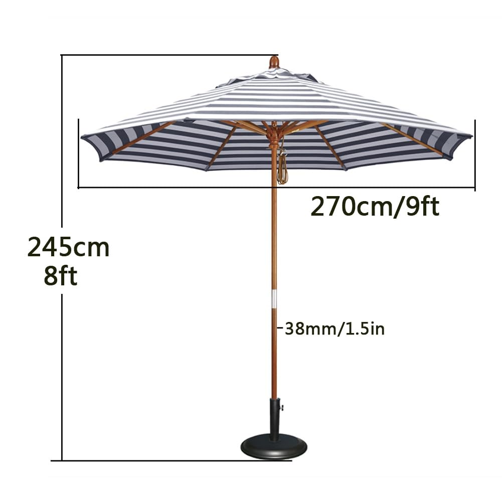 Duży Parasol Ogrodowy W Niebieskie Paski, 270 Cm, Okrągły Drewniany Parasol Tarasowy, Parasol Przeciwsłoneczny Do Stołów Ogrodowych, Tarasów I Basenów