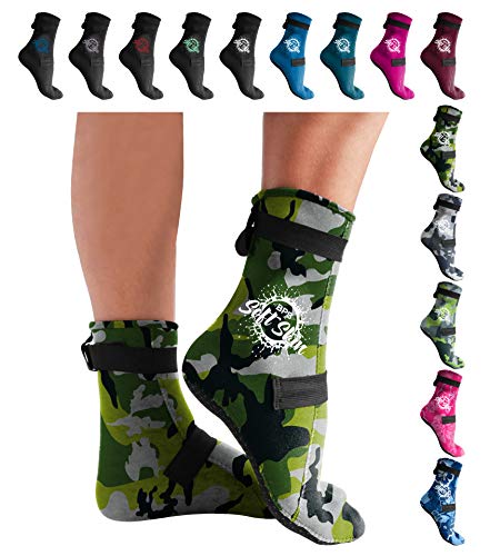 BPS 'SOFT SKIN SPORT' FIN SOCK - Thermal sock ANTI-SLIP GLUED and BLIND STITCHED for Swimming, Diving, Beach Volleyball - 3MM NEOPRENE SOCK FOR WATER AND SAND - High Cut (Green camo/White accent,XXXL)
