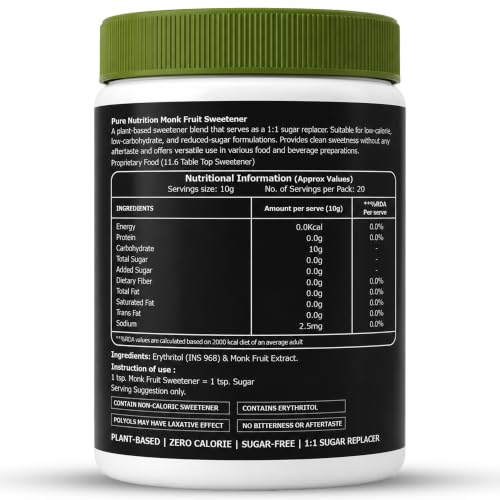 Image of Pure Nutrition Monk Fruit Powder with Erythritol 200g | MonkFruit Powder Complex I Sugar Replacer I MonkFruit Sugar Extract For Cooking & Baking | Keto & Diabetic Friendly | Natural Sugar Alternative for Baking & Drinks