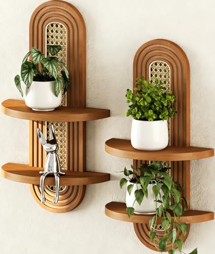 Hongsane Floating Shelves for Wall,Boho Home Wall Decor,2-Tier Rattan Plant Shelf,Mid Century Hanging Small Decorative Shelf,Natural Wood Shelves for Living Room,Bedroom,House,Office,2-Pack (Walnut)
