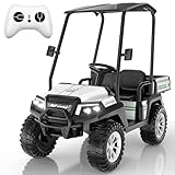 Kids Golf Cart w/Detachable Awning–4WD 2 Seater Ride on Car w/Large Storage Trunk, Remote Control, 3 Speeds, Music Player, LED Lights, Gift for Kids Ages 3-8(White)