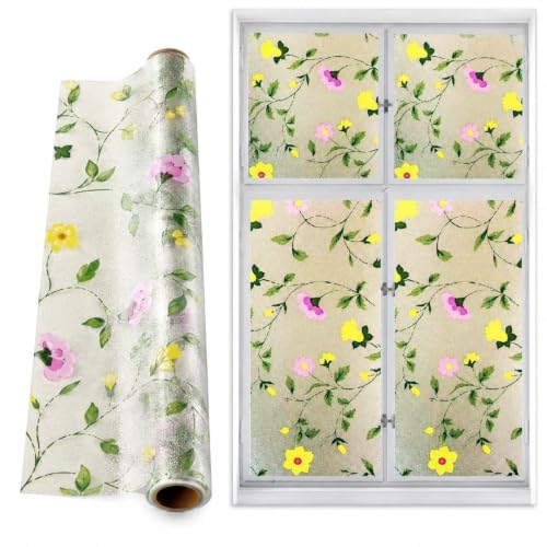 Image of Self Adhesive Window Privacy Film for Glass Windows & Doors | UV Blocking, Heat & Glare Reduction | Decorative Frosted Glass Film Easy to Apply (Frosted White with Yellow, 24X110 Inch)