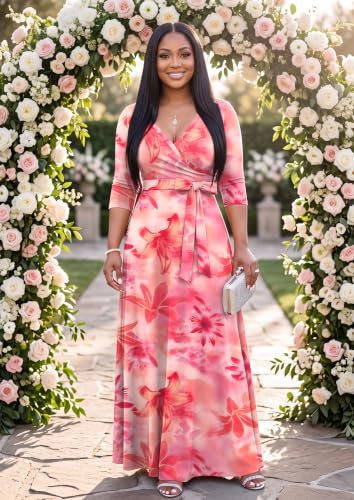 Image of FANDEE Plus Size Maxi Dress for Women Casual Summer Sundress V-Neck 3 /4 Sleeve