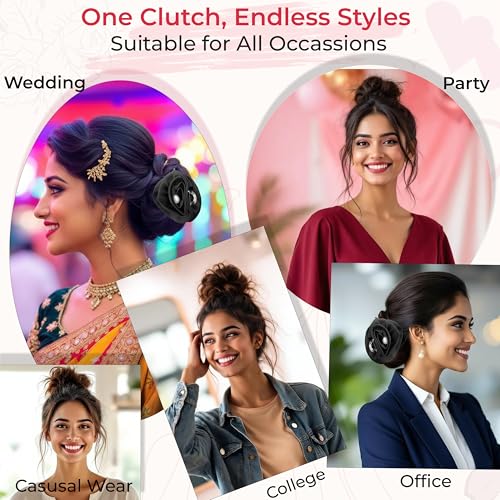 Image of TEMPERIA (1pc) Flower Hair Claw Clips for Women | Aesthetic & Stylish Clutchers Hair Accessories for Women for Party & Wedding | Big Flower, Strong Grip & Durable | Black