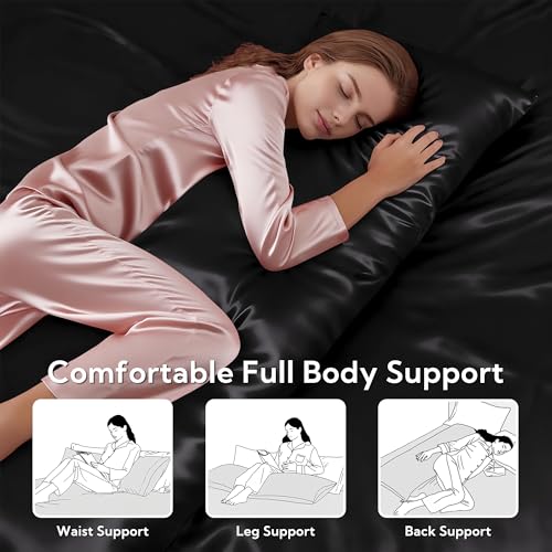 Image of MR&HM Satin Body Pillow Cover, Soft and Breathable Body Pillow Case with Envelope Closure, Cooling and Silky Long Pillowcase for Hair and Skin,Grey (20x54, Black)