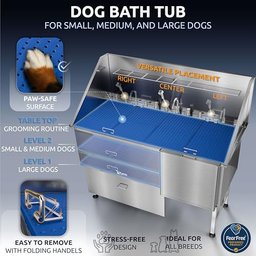 Image of KANIS Professional Dog Washing Station 304 Stainless Steel Pet Wash Sink & Grooming Bathtub w /Shower, Floor Grates and Storage for Large, Medium & Small Pets (Silver, 61 Inches, Right Ramp, 1 Drawer)