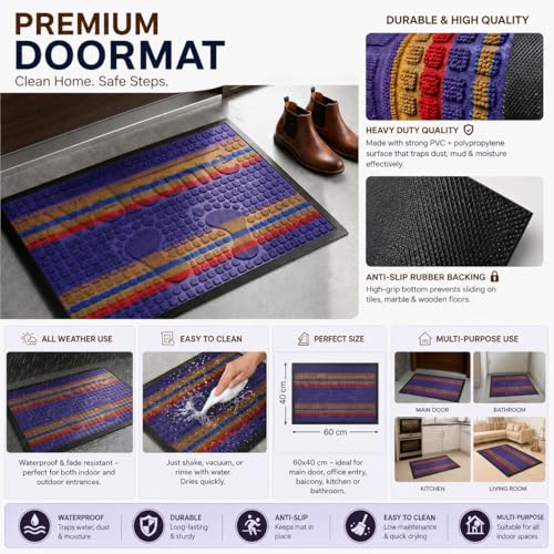 Image of DecorTwist PVC Door Mat 60x40 cm | Heavy Duty Indoor Outdoor Entrance Mat | Anti-Slip Rubber Back | Waterproof Dust & Dirt (Style 2 [ Blue Stripe Design ], PVC Door Mat 60 * 40 cm, Pack of 2)