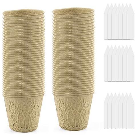 Enenes Seed Starter Peat Pots 50 Pcs 2.4Inch Plant Seedling Pots Biodegradable Nursery Pots for Garden Germination Trays Cup with 50 Pcs Plastic Plant Labels (50, 6cm) Cover